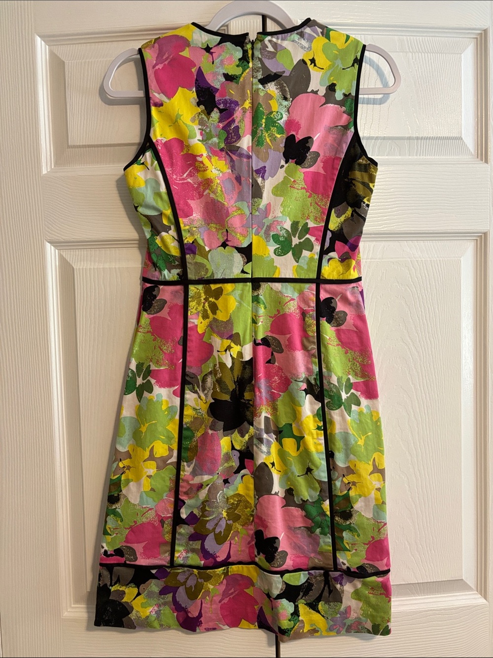 Calvin Klein Floral Dress in Pink, Yellow & Green with Black Trim - Picture 2 of 3